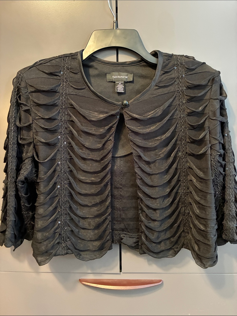 R&M Richards Black Layered Ruffle Open-Front Cardigan